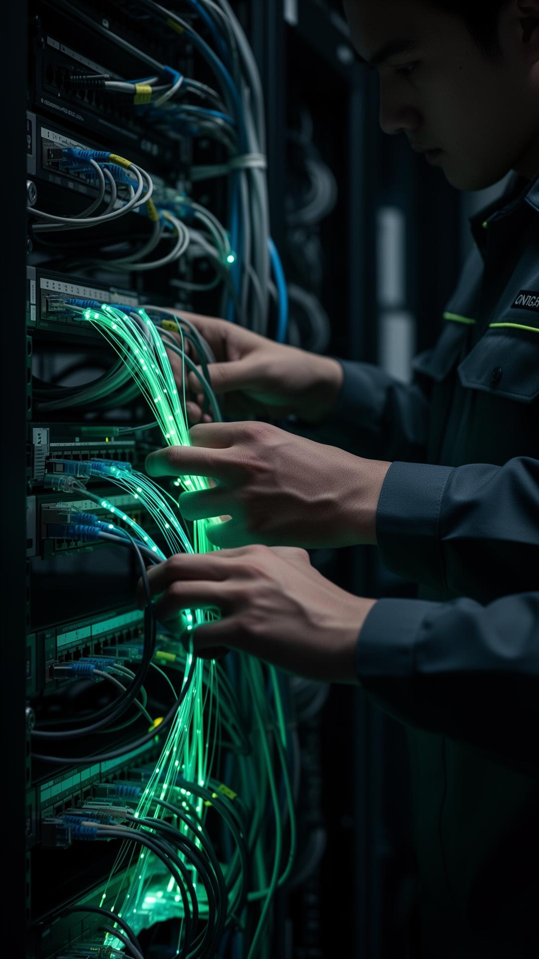 Técnico de Ninivax revisando el cableado de un rack en una empresa