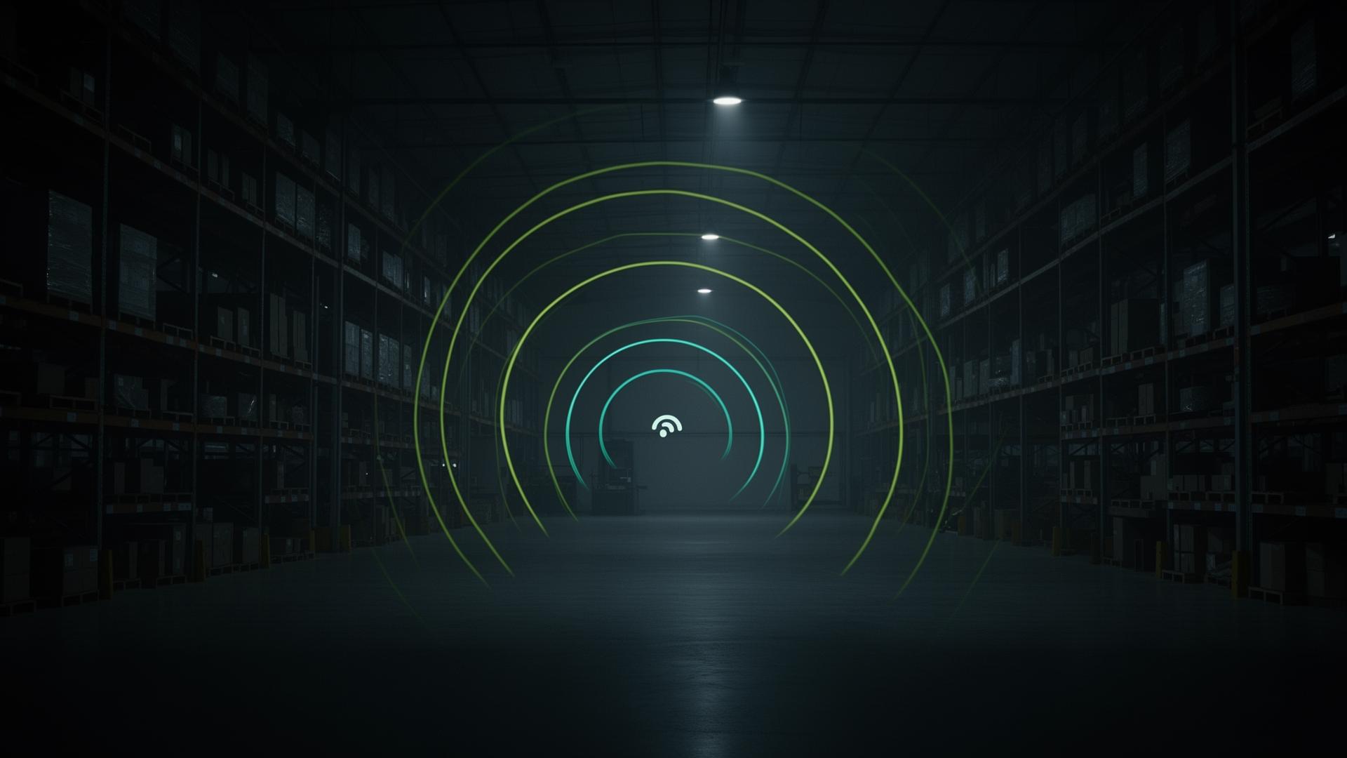 Nave industrial con cobertura WiFi visualizada mediante ondas